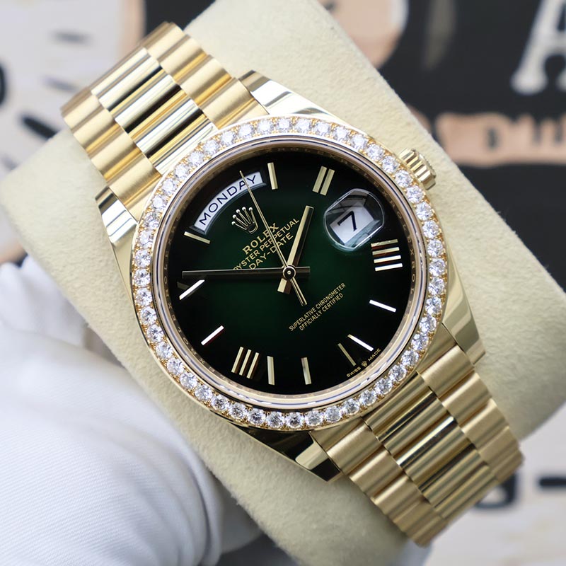 Rolex FRESH 2025 Day-Date 40 Green Ombré Roman Numeral Dial Diamond Bezel 228348RBR