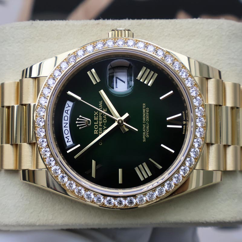 Rolex FRESH 2025 Day-Date 40 Green Ombré Roman Numeral Dial Diamond Bezel 228348RBR