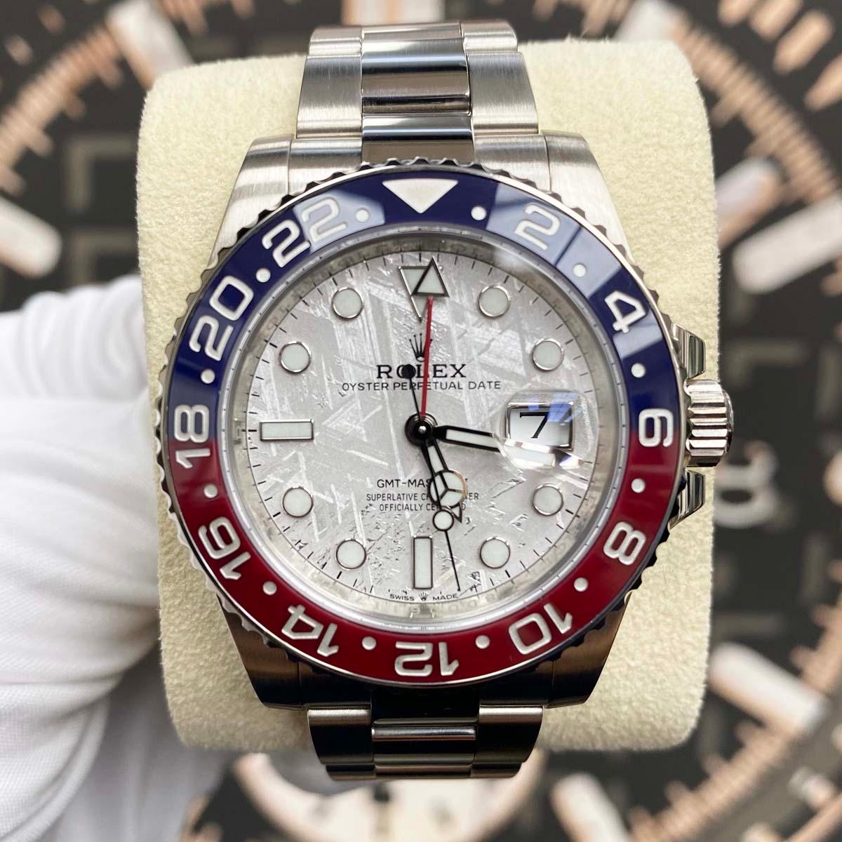 Rolex GMT-Master II "Pepsi" 40mm 126719BLRO White Gold Meteorite Dial Pre-Owned - Gotham Trading 
