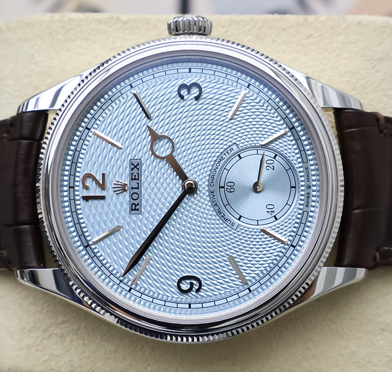 Rolex 1908 52506 Platinum 39mm Ice Blue Dial Brown Strap