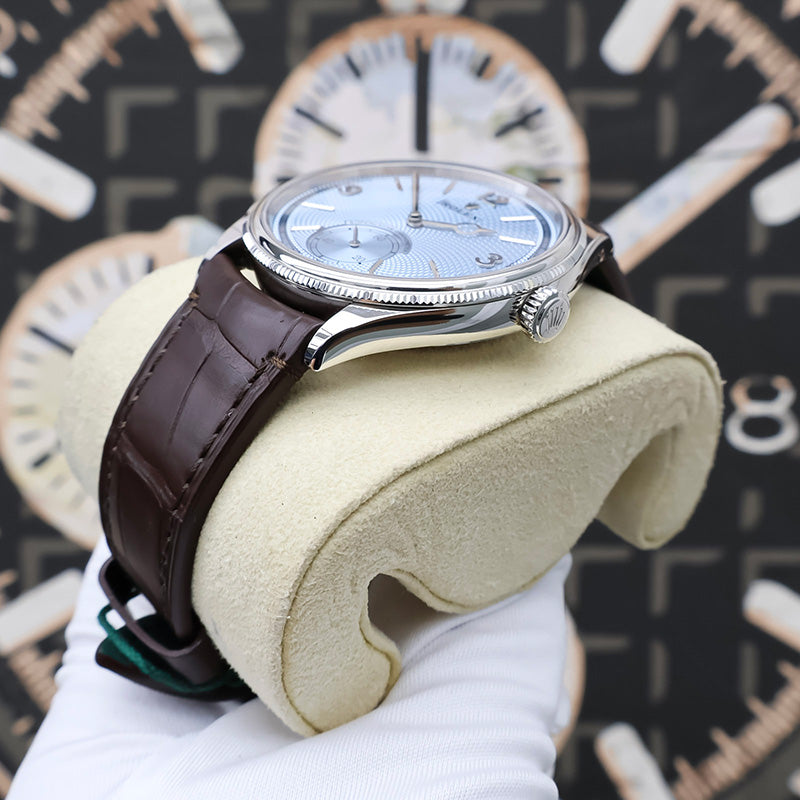 Rolex 1908 52506 Platinum 39mm Ice Blue Dial Brown Strap