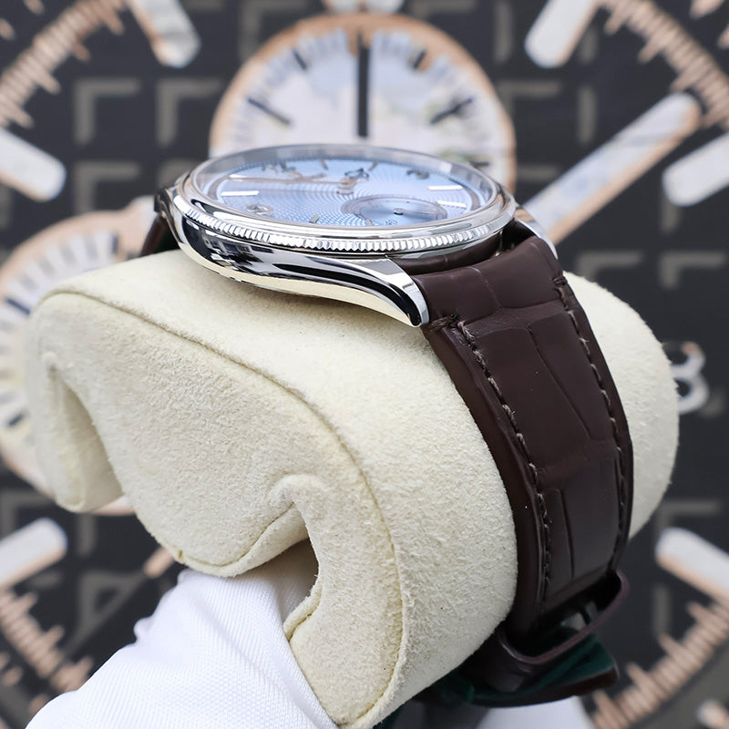 Rolex 1908 52506 Platinum 39mm Ice Blue Dial Brown Strap
