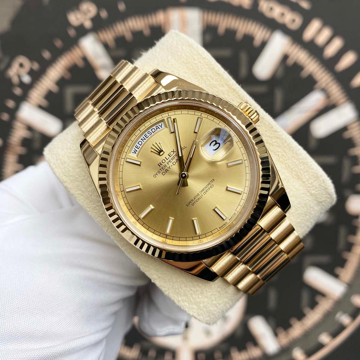 Rolex Day-Date 40 228238 Fluted Bezel Champagne Index Dial Pre-Owned - Gotham Trading 