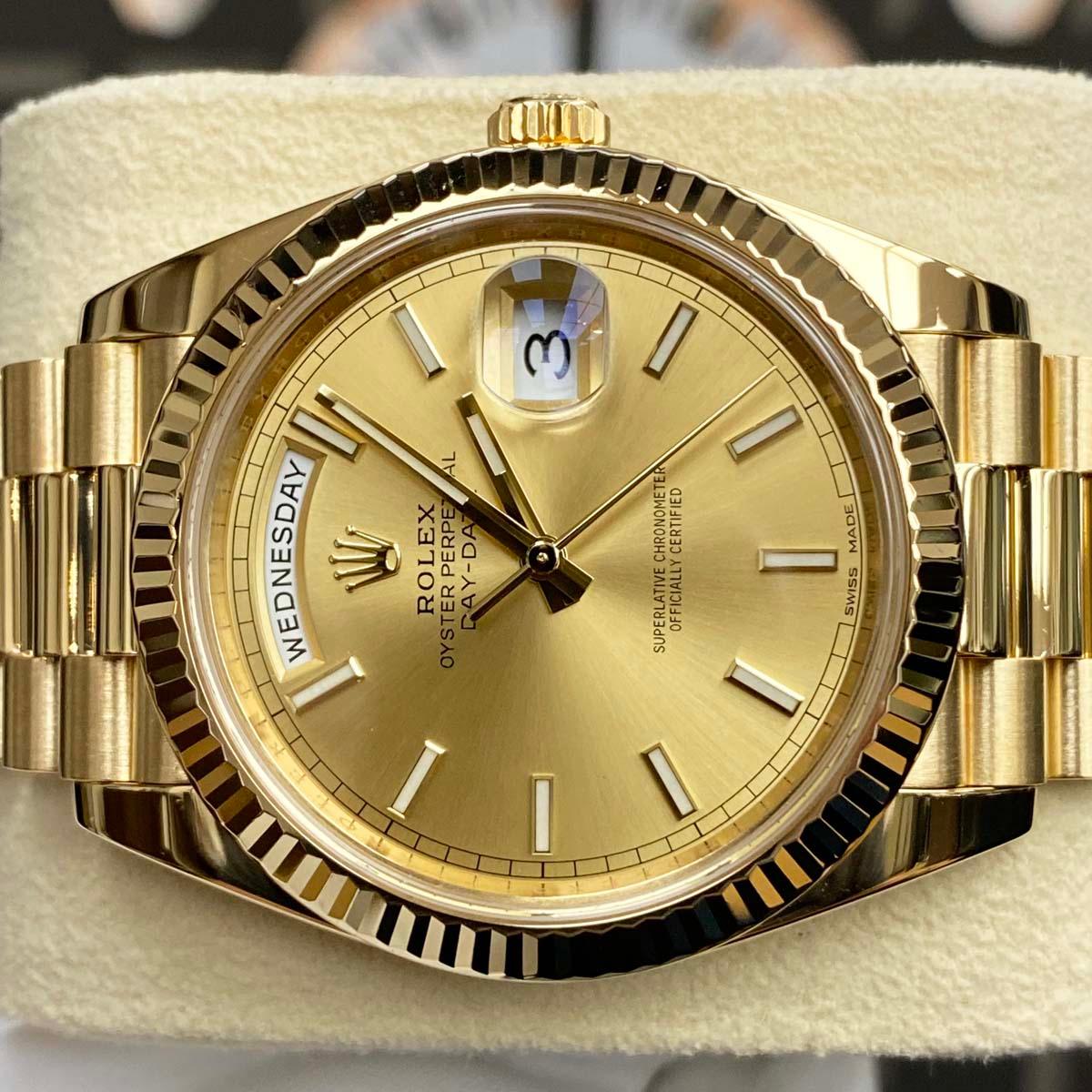 Rolex Day-Date 40 228238 Fluted Bezel Champagne Index Dial Pre-Owned - Gotham Trading 