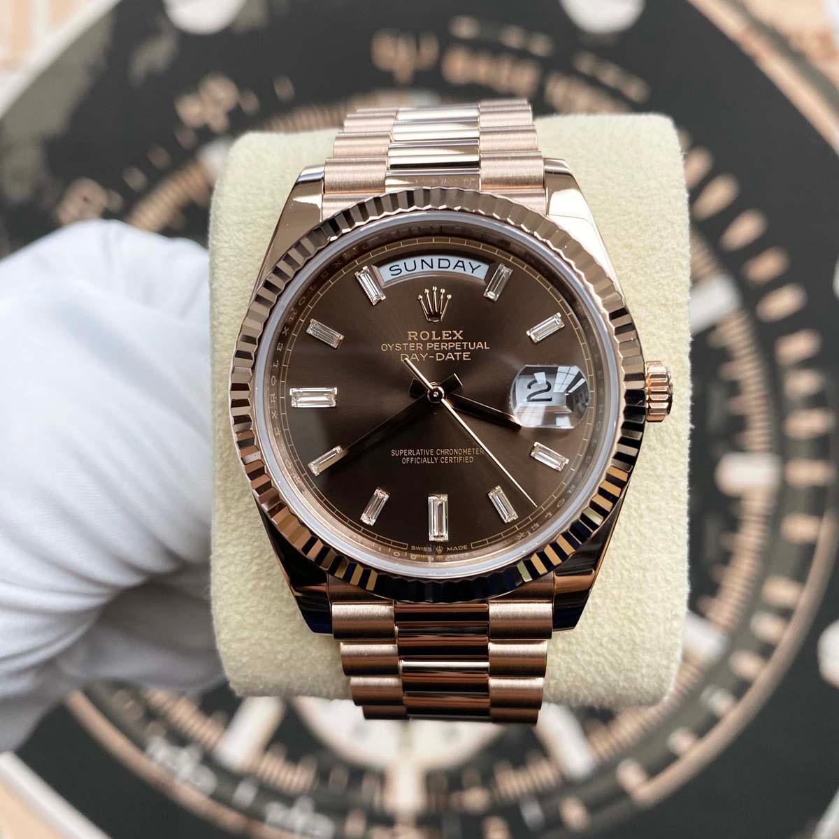 Rolex Day-Date 40 Presidential 228235 Fluted Bezel Baguette Chocolate Dial Pre-Owned - Gotham Trading 