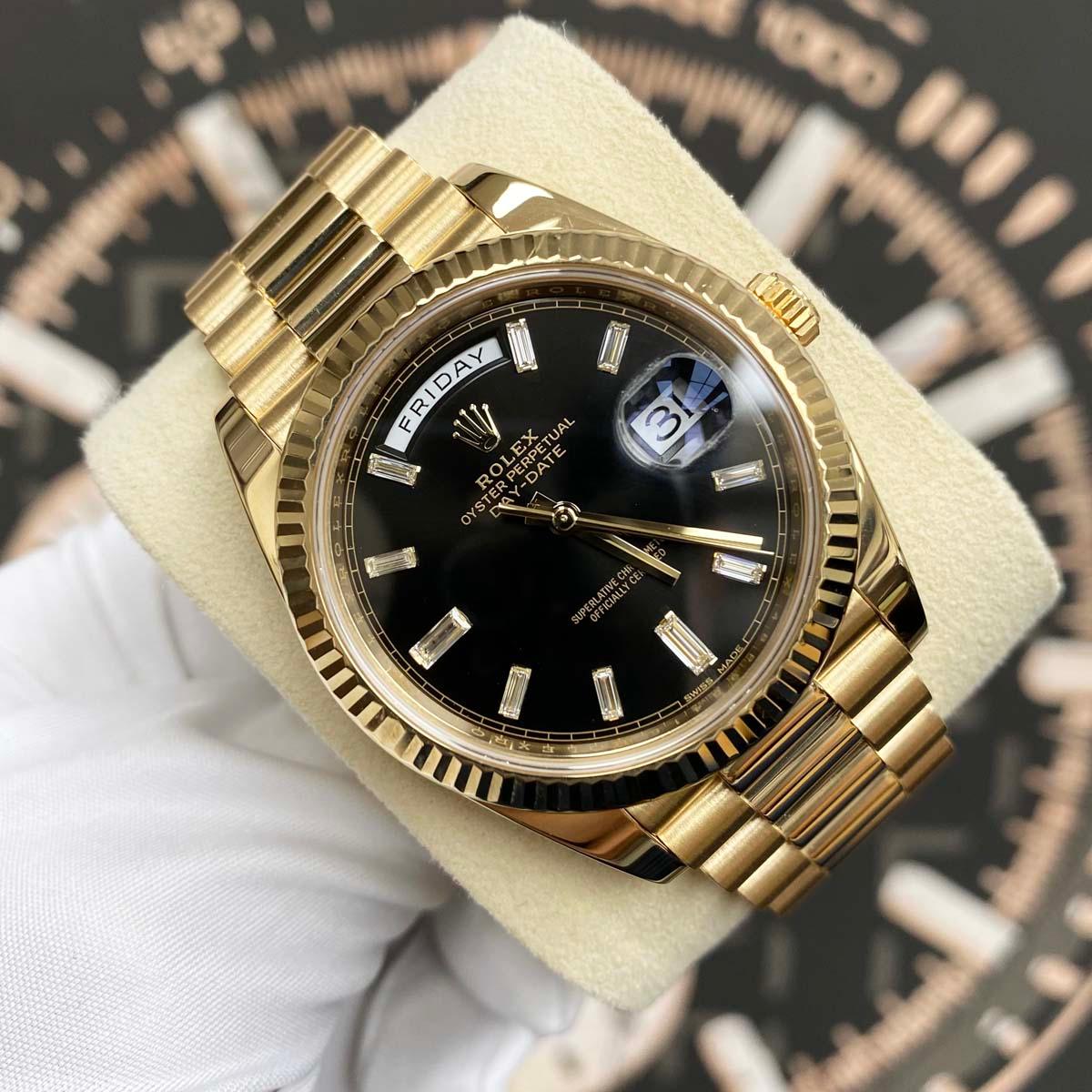 Rolex Day-Date 40 Presidential 228238 Fluted Bezel Baguette Diamond Black Dial Pre-Owned - Gotham Trading 
