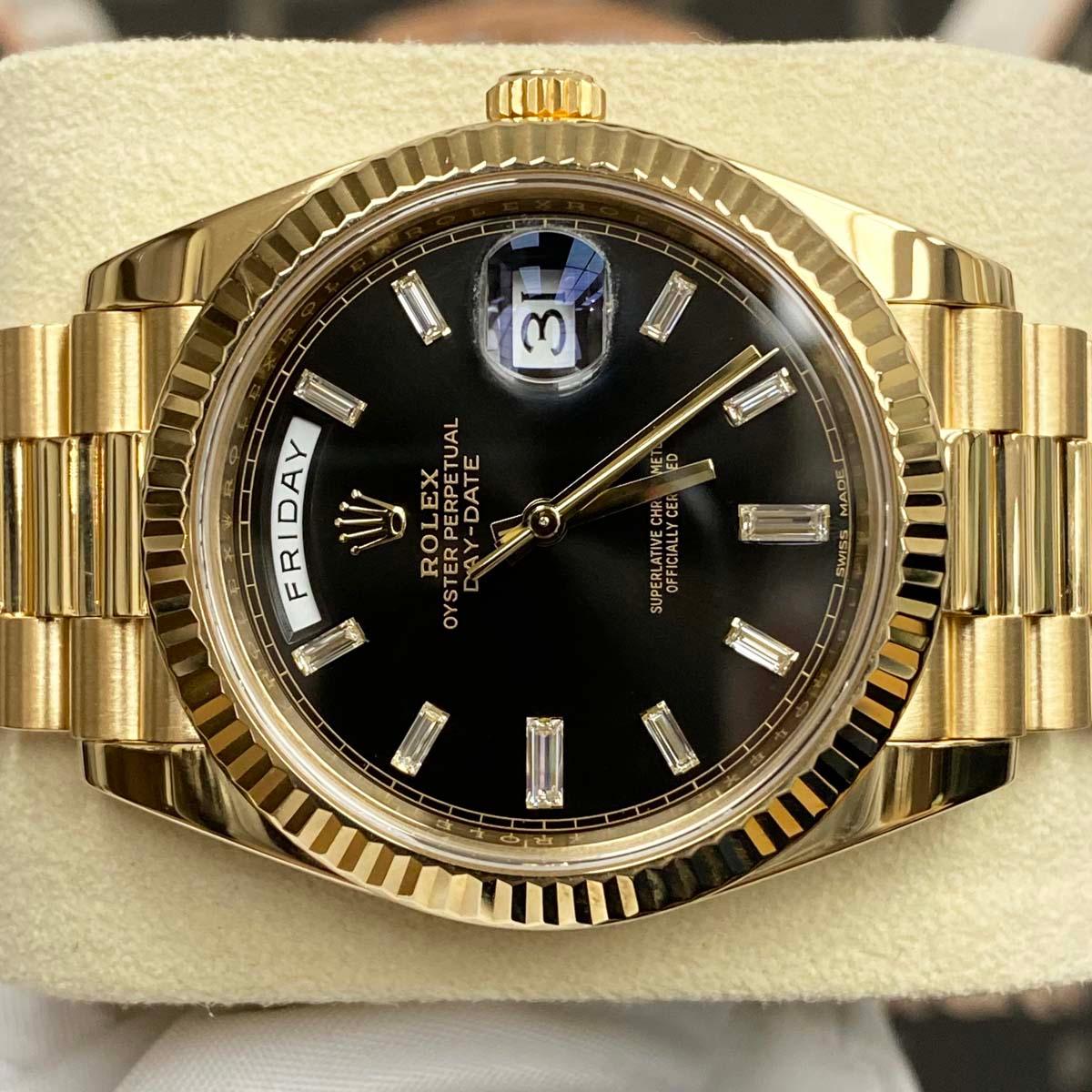 Rolex Day-Date 40 Presidential 228238 Fluted Bezel Baguette Diamond Black Dial Pre-Owned - Gotham Trading 