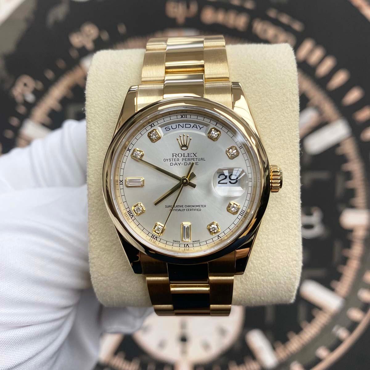 Rolex Day-Date 36mm Yellow Gold Smooth Bezel Oyster Bracelet 118208 Silver Diamond Dial Pre-Owned - Gotham Trading 