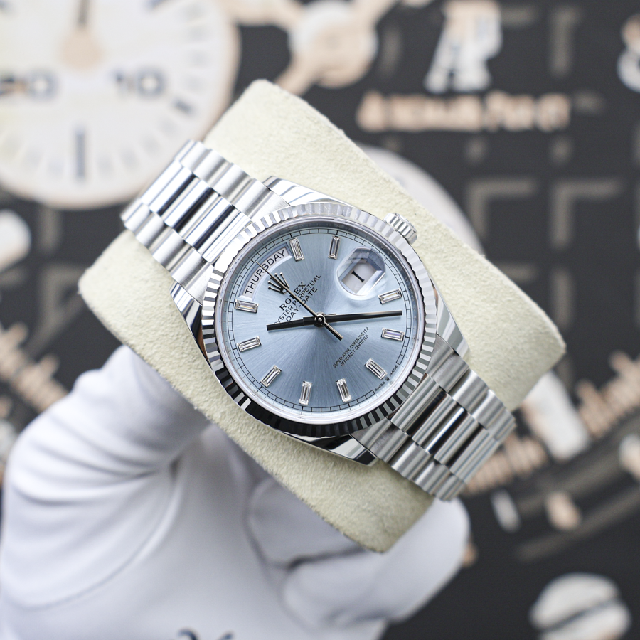 Rolex 2025 Day-Date 36mm 128236 Ice Blue Baguette Diamond Dial
