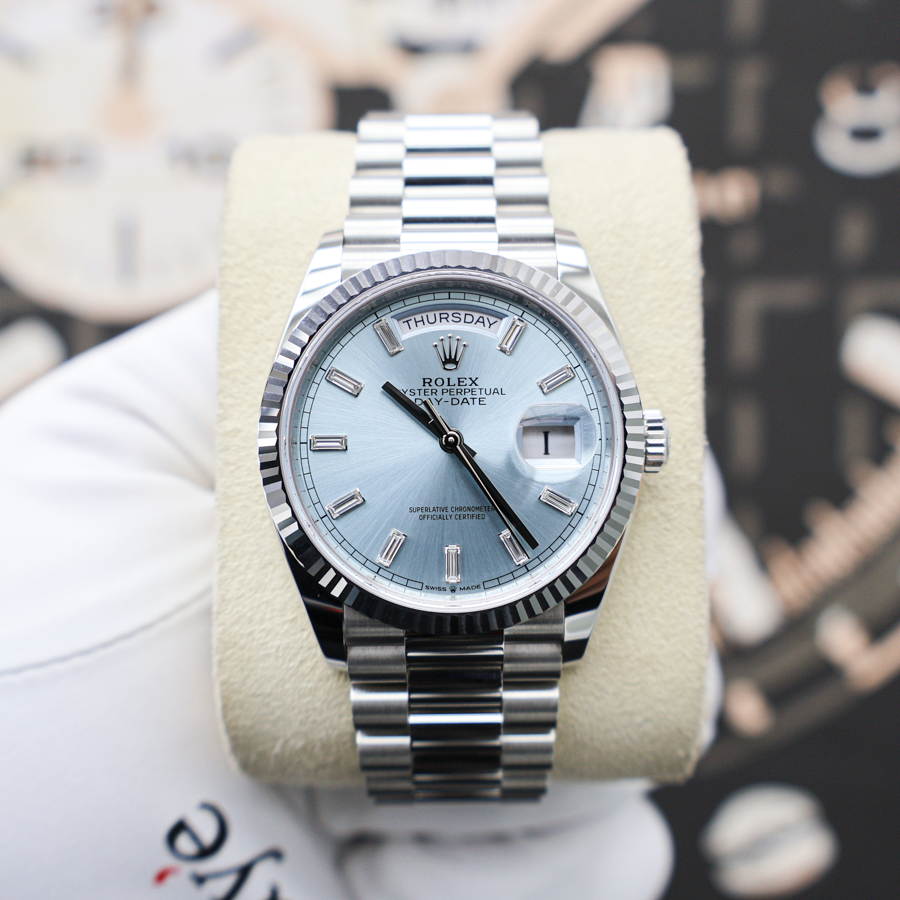 Rolex 2025 Day-Date 36mm 128236 Ice Blue Baguette Diamond Dial