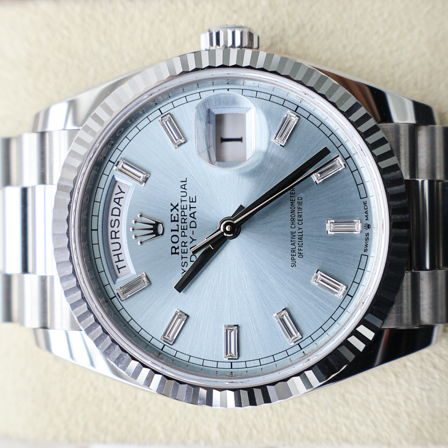 Rolex 2025 Day-Date 36mm 128236 Ice Blue Baguette Diamond Dial