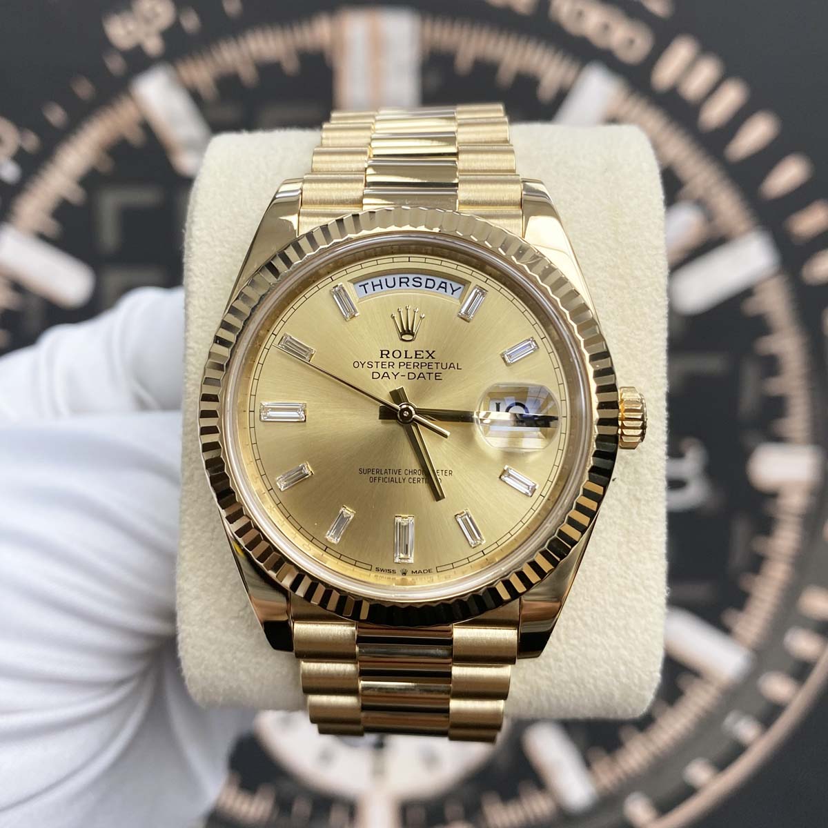 Rolex Day-Date 40mm 228238 Fluted Bezel Baguette Diamond Champagne Dial Pre-Owned