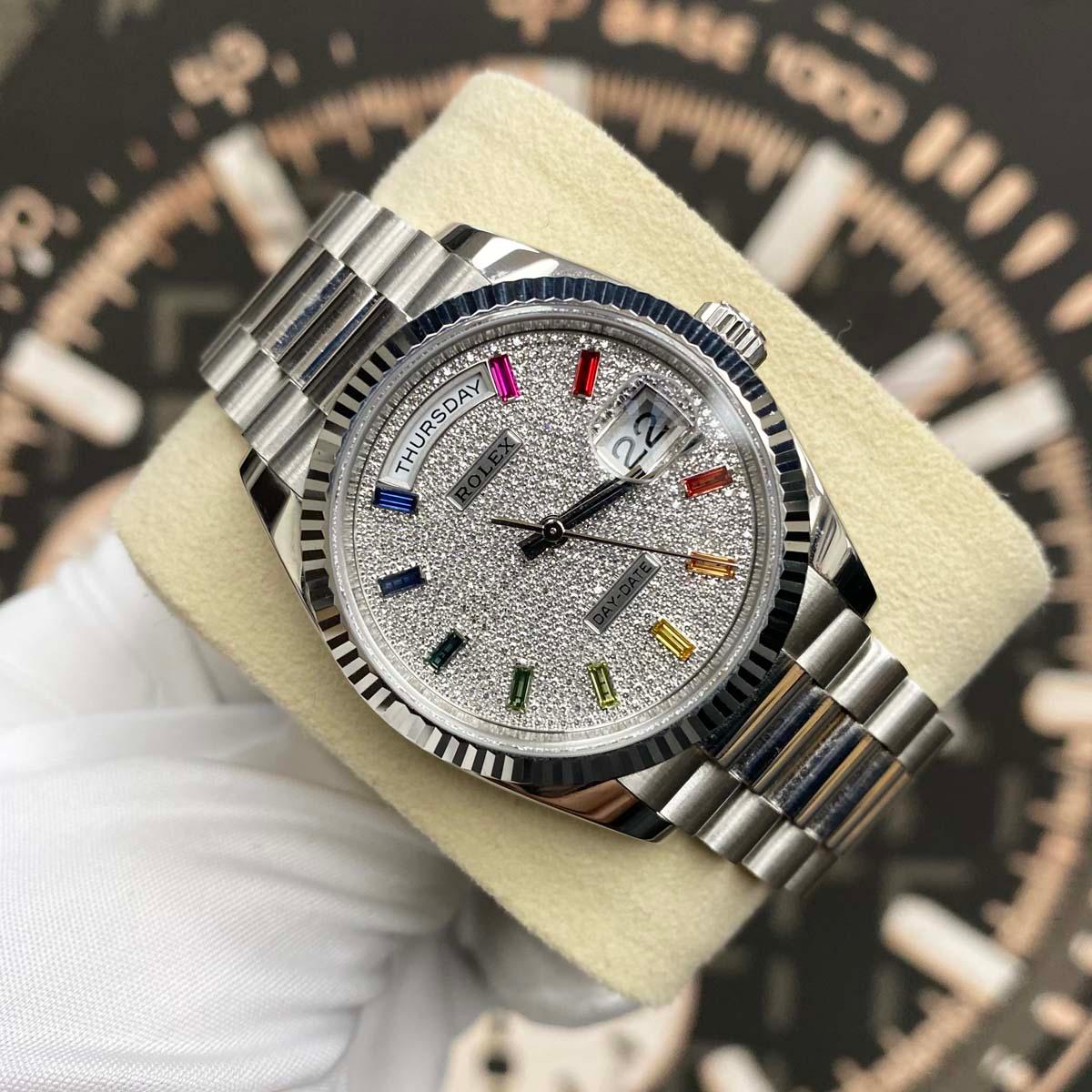 Rolex Day-Date Rainbow Pave Diamond Dial Fluted Bezel Platinum 36mm 128236 Pre-Owned - Gotham Trading 