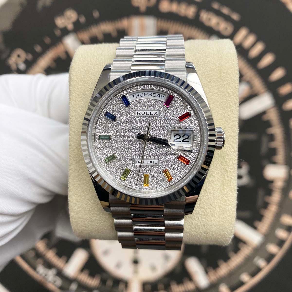 Rolex Day-Date Rainbow Pave Diamond Dial Fluted Bezel Platinum 36mm 128236 Pre-Owned - Gotham Trading 