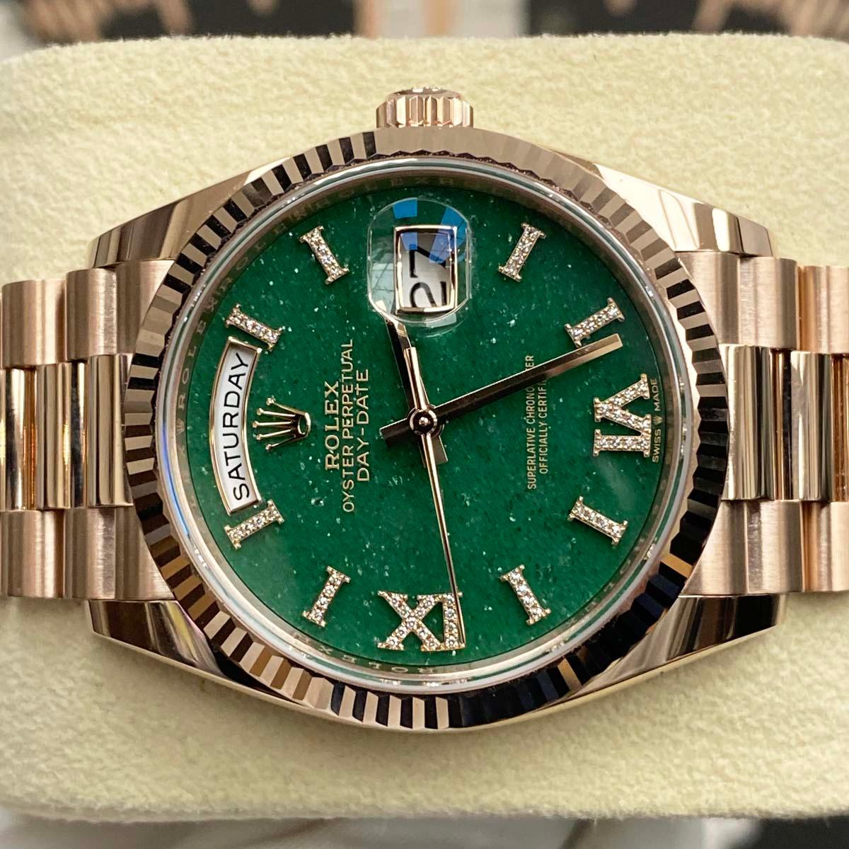Rolex Day-Date Green Diamond Dial Fluted Bezel 36mm 128235 - Gotham Trading 