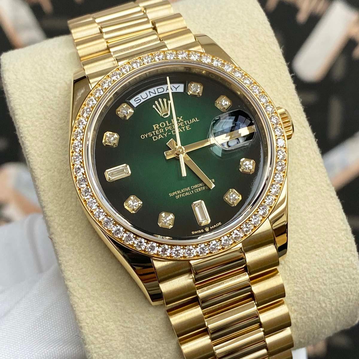 Rolex Day-Date Green Ombre Diamond Dial Diamond Bezel 36mm 128348RBR Pre-Owned - Gotham Trading 