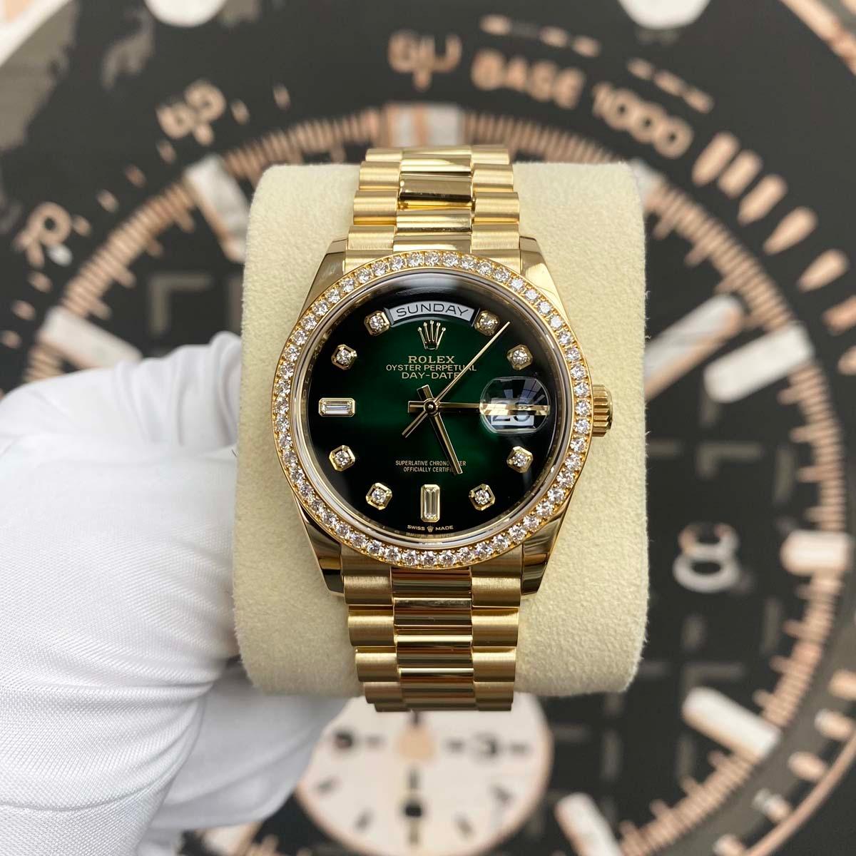 Rolex Day-Date Green Ombre Diamond Dial Diamond Bezel 36mm 128348RBR Pre-Owned - Gotham Trading 