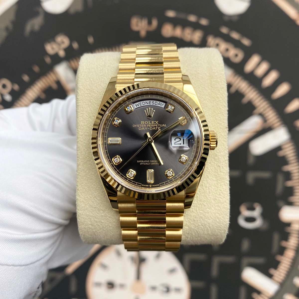 Rolex Day-Date 36mm Presidential 128238 Fluted Bezel Grey Diamond Dial Pre-Owned - Gotham Trading 