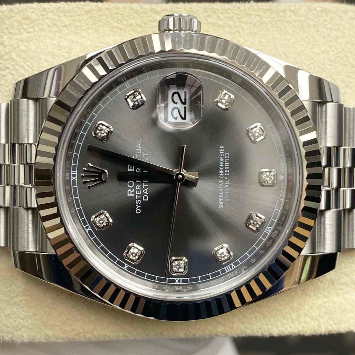 Rolex Datejust 41mm Slate Diamond Dial Fluted Bezel 126334 Excellent Condition Pre-Owned - Gotham Trading 