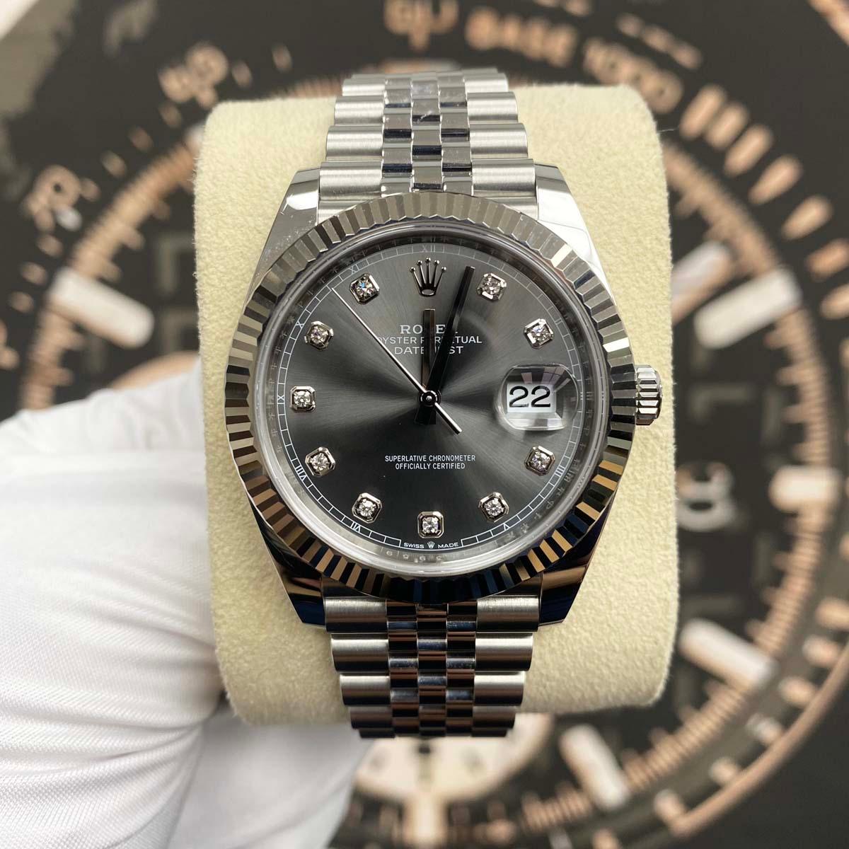 Rolex Datejust 41mm Slate Diamond Dial Fluted Bezel 126334 Excellent Condition Pre-Owned - Gotham Trading 