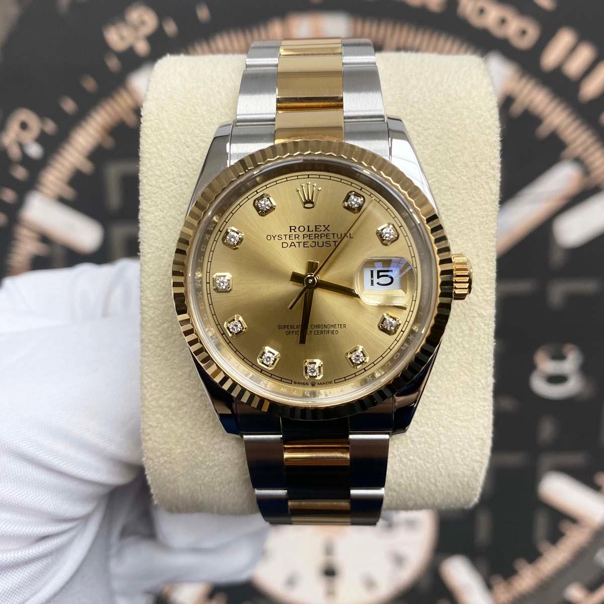 Rolex Datejust Champagne Diamond Dial Fluted Bezel 36mm 126233 Mint Condition Pre-Owned - Gotham Trading 