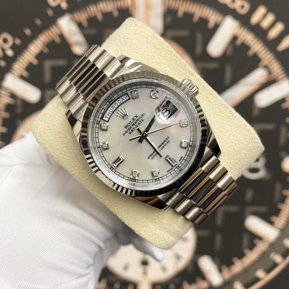 Rolex Day-Date 36mm Custom Mother Of Pearl Diamond Dial Fluted Bezel 128239 Pre-Owned - Gotham Trading 