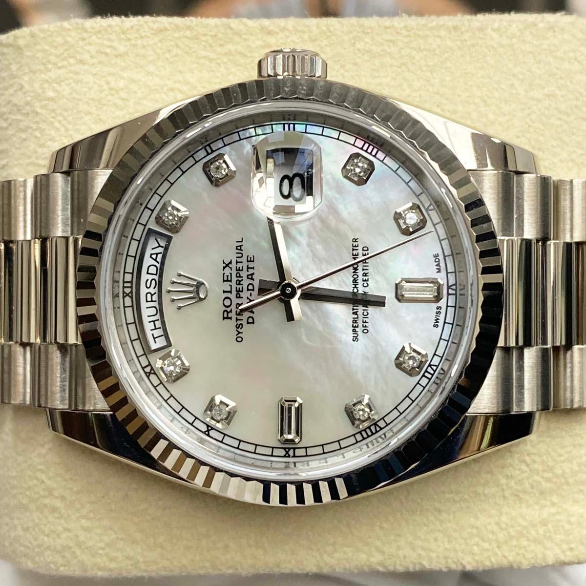 Rolex Day-Date 36mm Custom Mother Of Pearl Diamond Dial Fluted Bezel 128239 Pre-Owned - Gotham Trading 