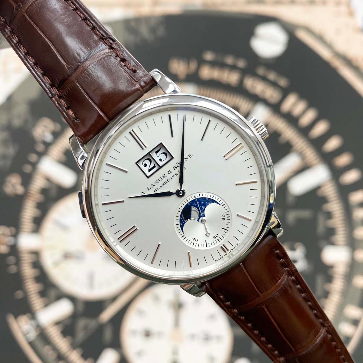 A. Lange & Sohne Saxonia 18kt White Gold Moon Phase Automatic Silver Dial Pre-Owned - Gotham Trading 