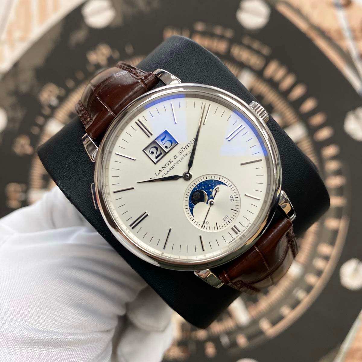 A. Lange & Sohne Saxonia 18kt White Gold Moon Phase Automatic Silver Dial Pre-Owned - Gotham Trading 