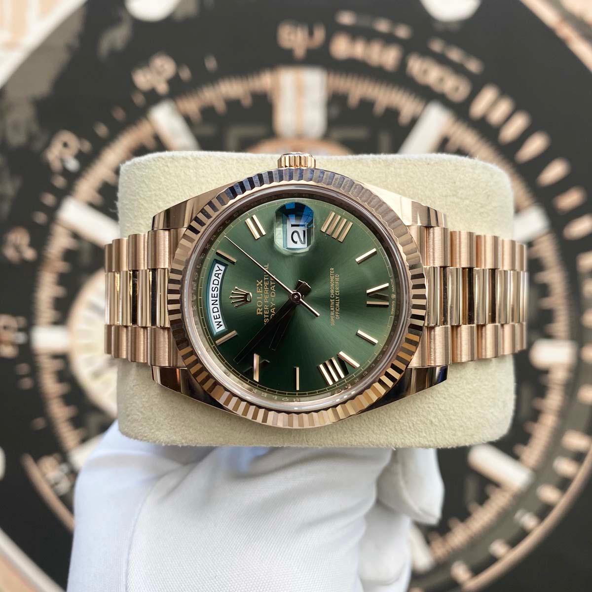 Rolex Day-Date 40 Presidential 228235 Fluted Bezel Olive Green Dial Pre-Owned - Gotham Trading 
