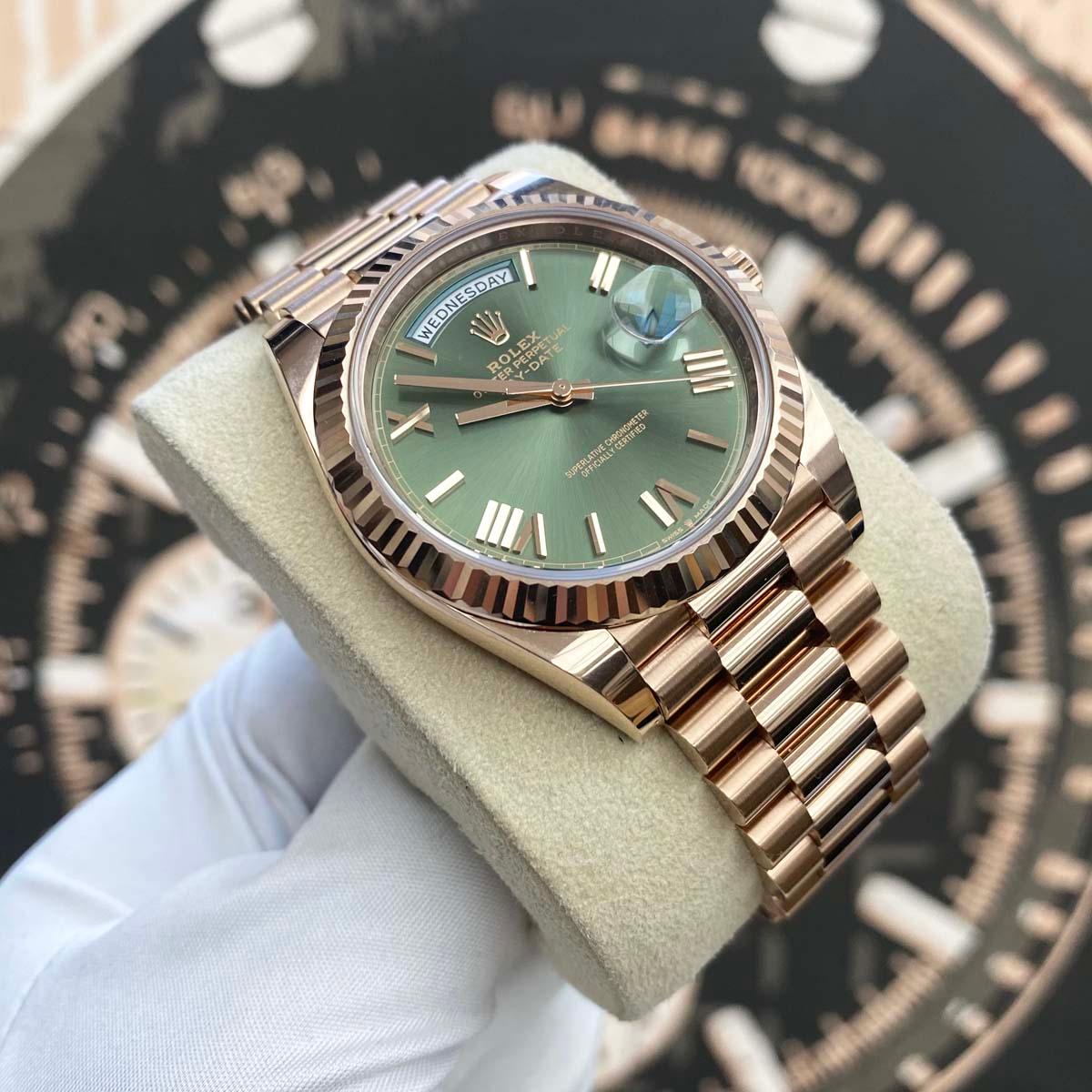 Rolex Day-Date 40 Presidential 228235 Fluted Bezel Olive Green Dial Pre-Owned - Gotham Trading 