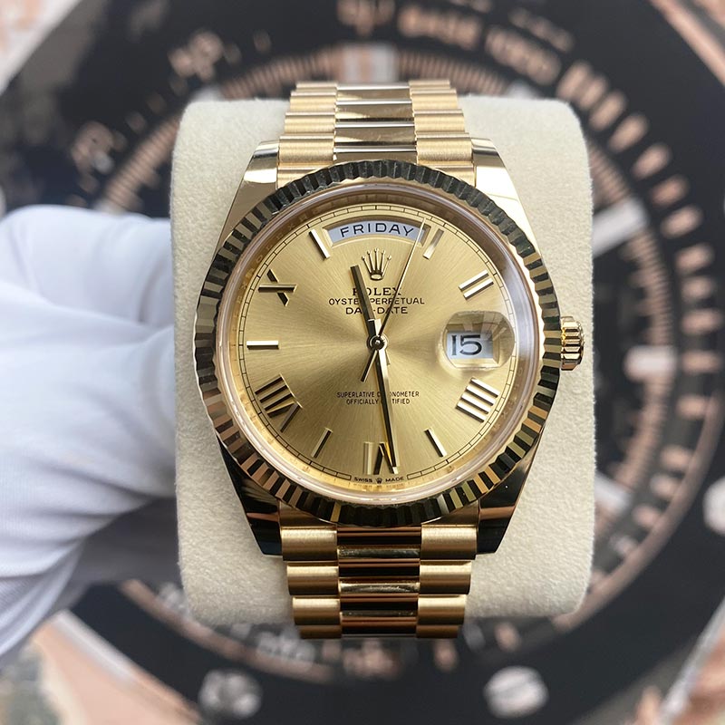 Rolex Day-Date 40 228238 Fluted Bezel Champagne Roman Dial - Gotham Trading 