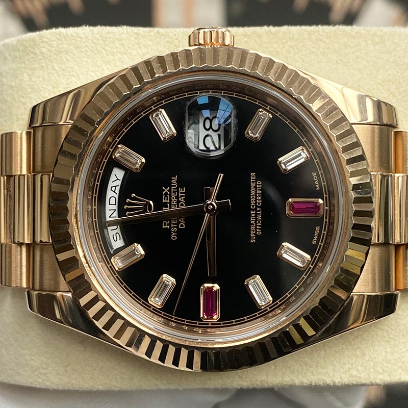 Rolex Day-Date 41 Presidential 218235 Fluted Bezel Ruby/Baguette Diamond Dial Pre-Owned - Gotham Trading 