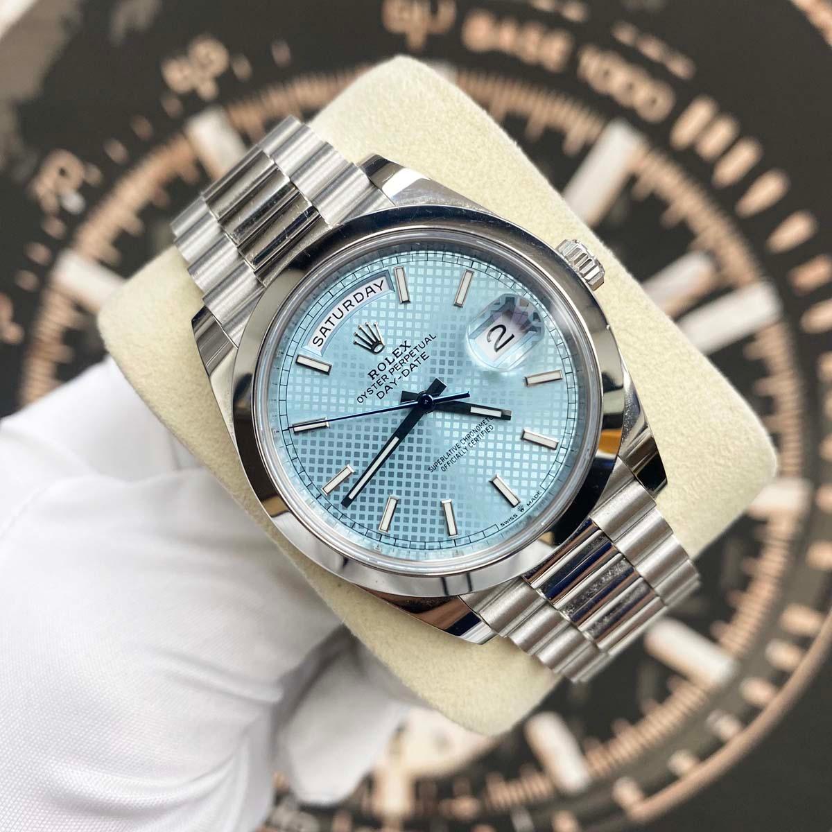 Rolex Day-Date 40 Platinum Presidential 228206 Smooth Bezel Ice Blue Diagonal Motif Dial Pre-Owned - Gotham Trading 