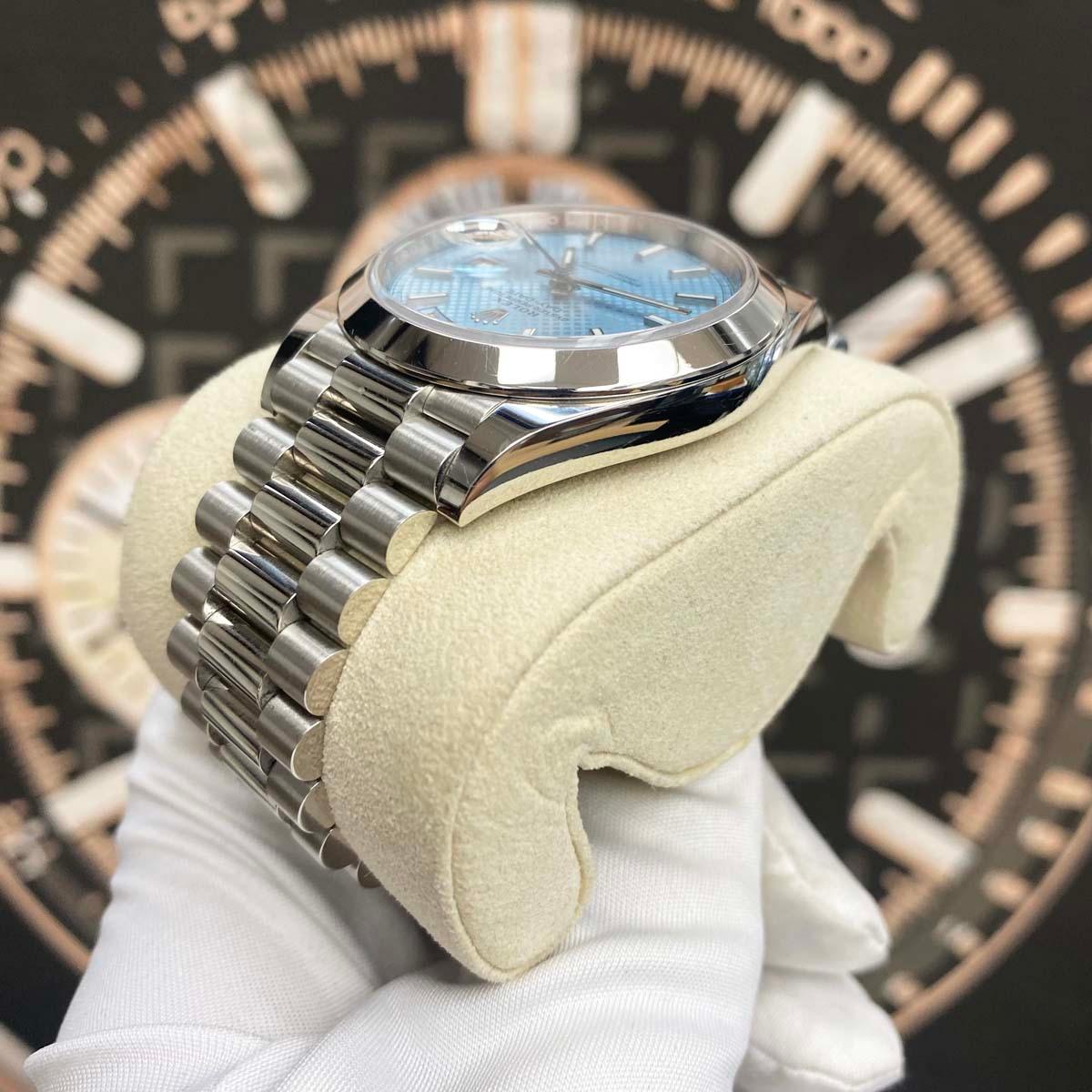 Rolex Day-Date 40 Platinum Presidential 228206 Smooth Bezel Ice Blue Diagonal Motif Dial Pre-Owned - Gotham Trading 