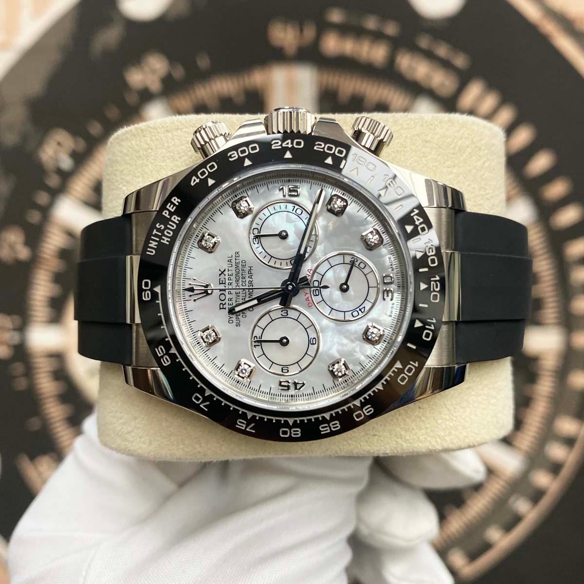 Rolex Daytona 40mm Oyster Flex 116519LN White Gold White Mother Of Pearl Diamond Dial Pre-Owned - Gotham Trading 