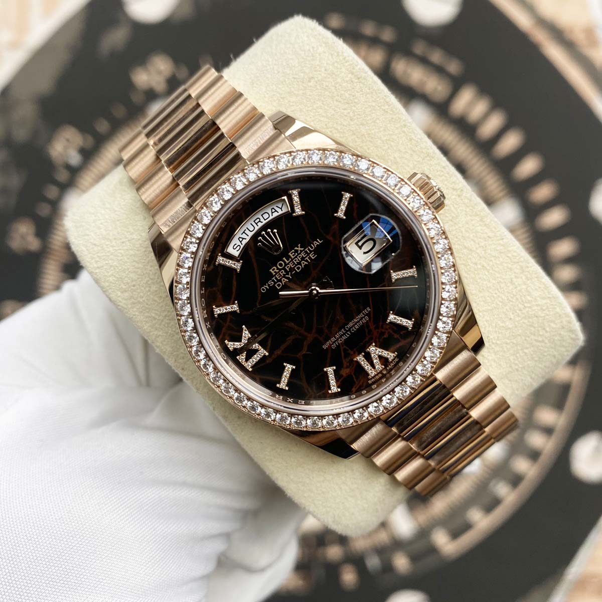 Rolex Day-Date 36mm Rose Gold Eisenkiesel Diamond Dial 128345RBR