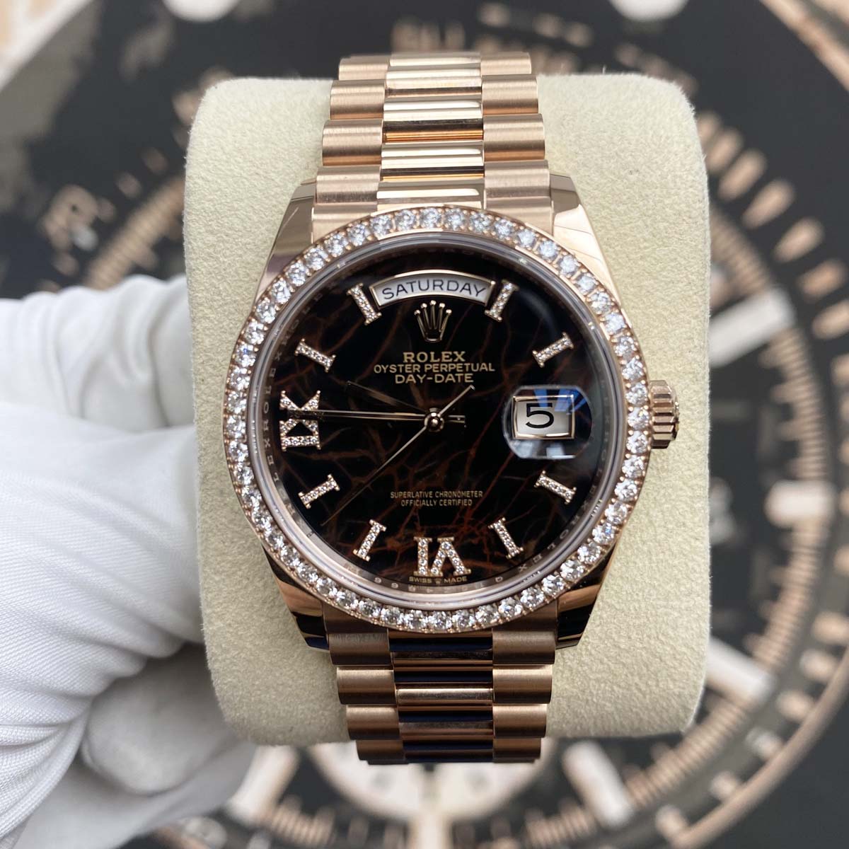 Rolex Day-Date 36mm Rose Gold Eisenkiesel Diamond Dial 128345RBR