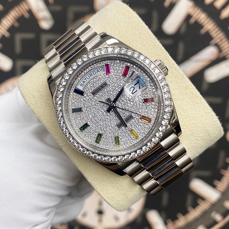 Rolex Day-Date 36 White Gold Diamond Bezel Pave Diamond Dial 128349RBR Pre-Owned