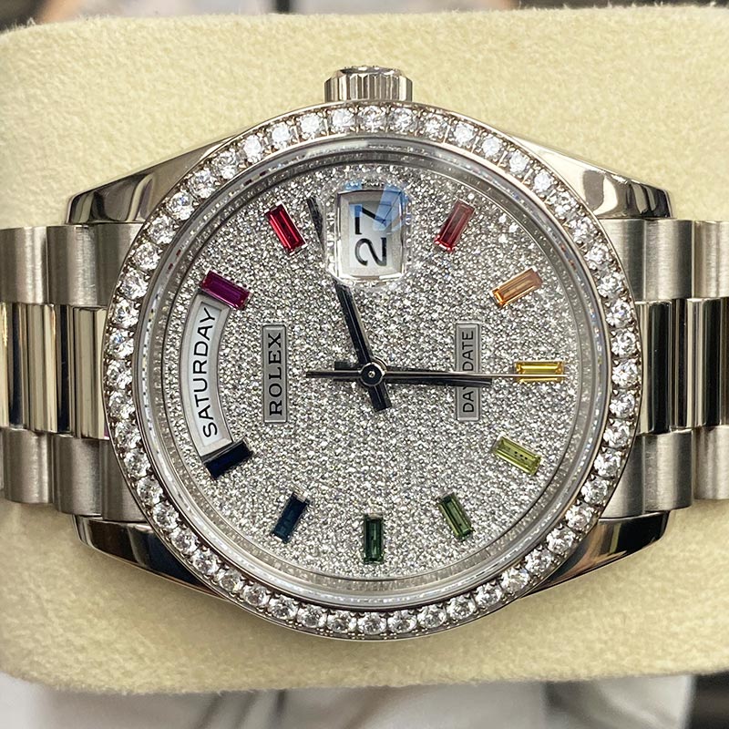 Rolex Day-Date 36 White Gold Diamond Bezel Pave Diamond Dial 128349RBR Pre-Owned