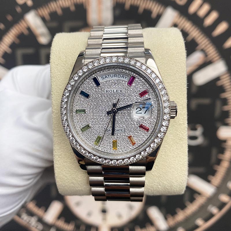 Rolex Day-Date 36 White Gold Diamond Bezel Pave Diamond Dial 128349RBR Pre-Owned