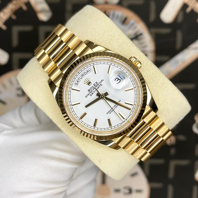 Rolex Day-Date 36mm Presidential 128238 Fluted Bezel White Index Dial