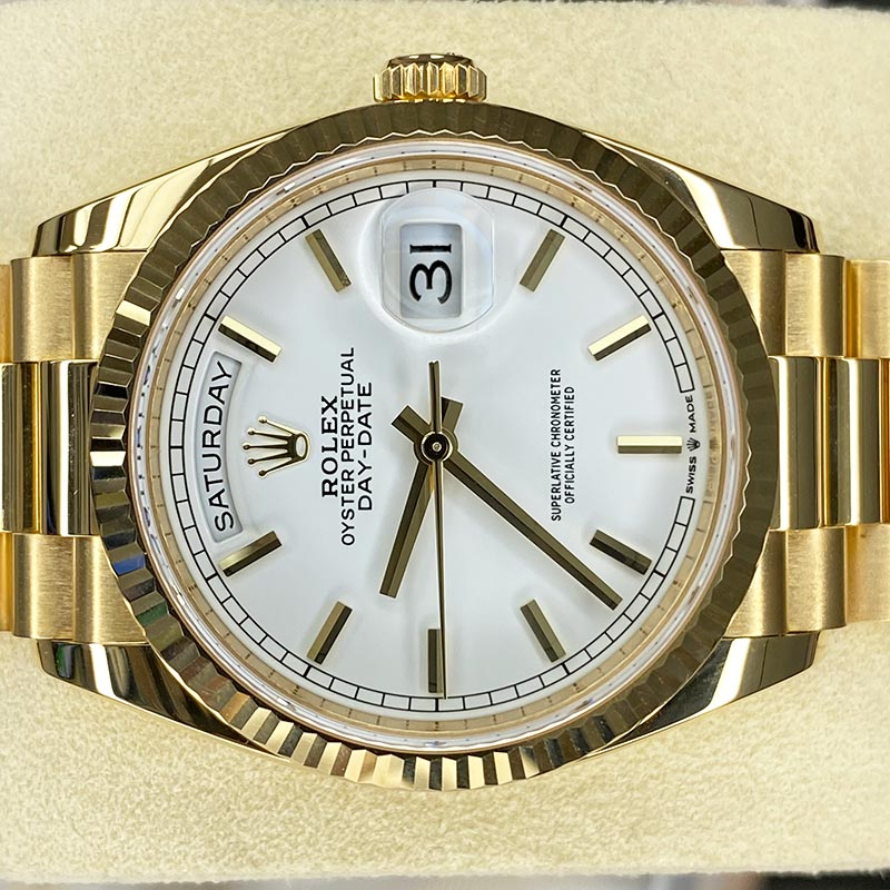 Rolex Day-Date 36mm Presidential 128238 Fluted Bezel White Index Dial