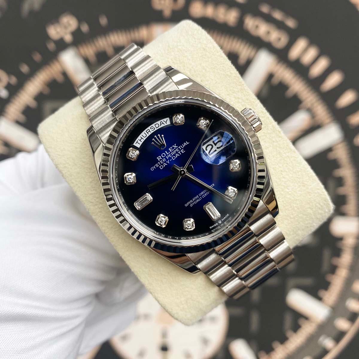 Rolex Day-Date Blue Ombre Diamond Dial Fluted Bezel 36mm 128239 Pre-Owned - Gotham Trading 