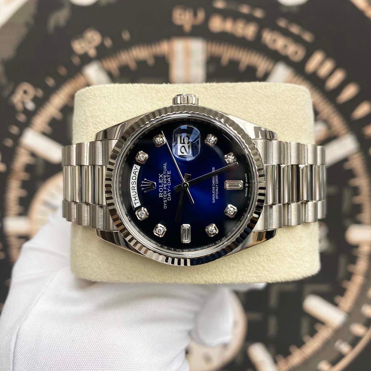 Rolex Day-Date Blue Ombre Diamond Dial Fluted Bezel 36mm 128239 Pre-Owned - Gotham Trading 