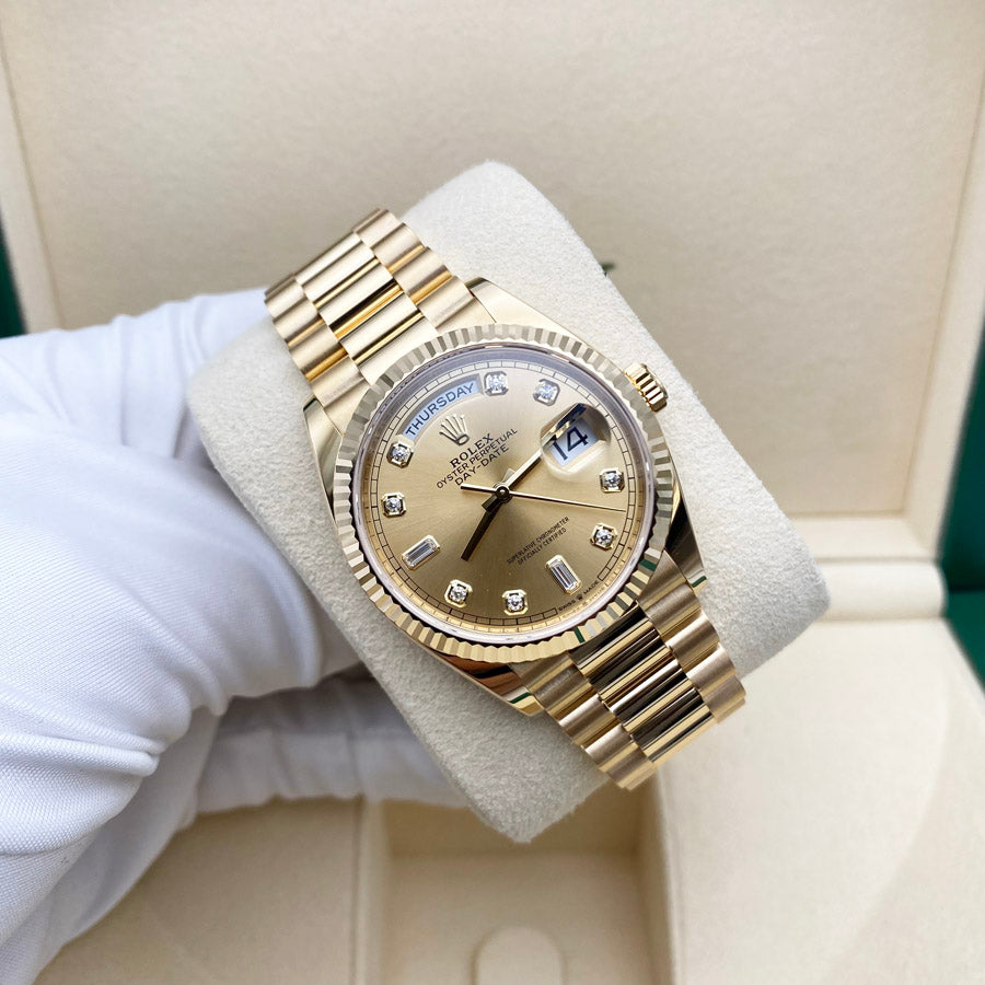 Rolex Day-Date 36mm Presidential 128238 Fluted Bezel Champagne Diamond Dial