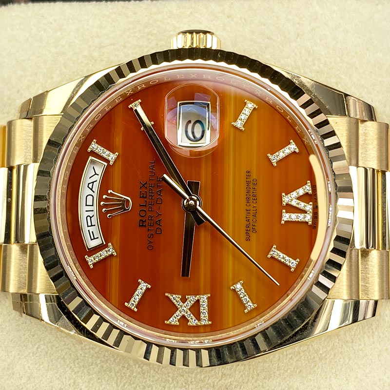 Rolex Day-Date 36mm Presidential 128238 Fluted Bezel Carnelian Diamond Dial
