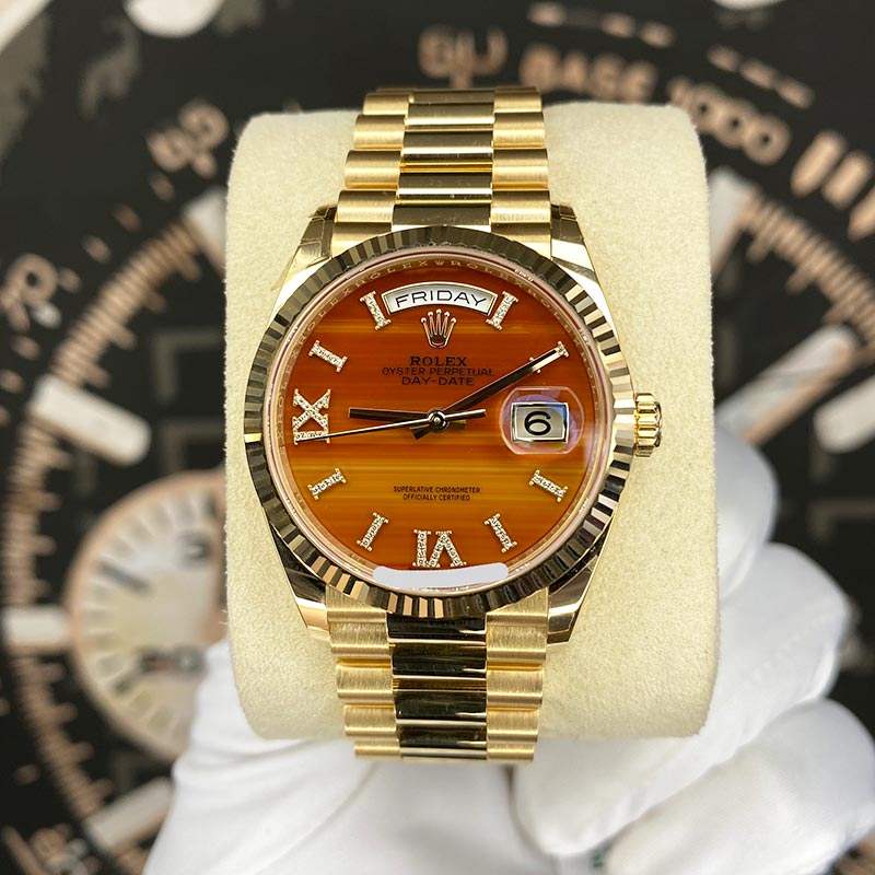 Rolex Day-Date 36mm Presidential 128238 Fluted Bezel Carnelian Diamond Dial