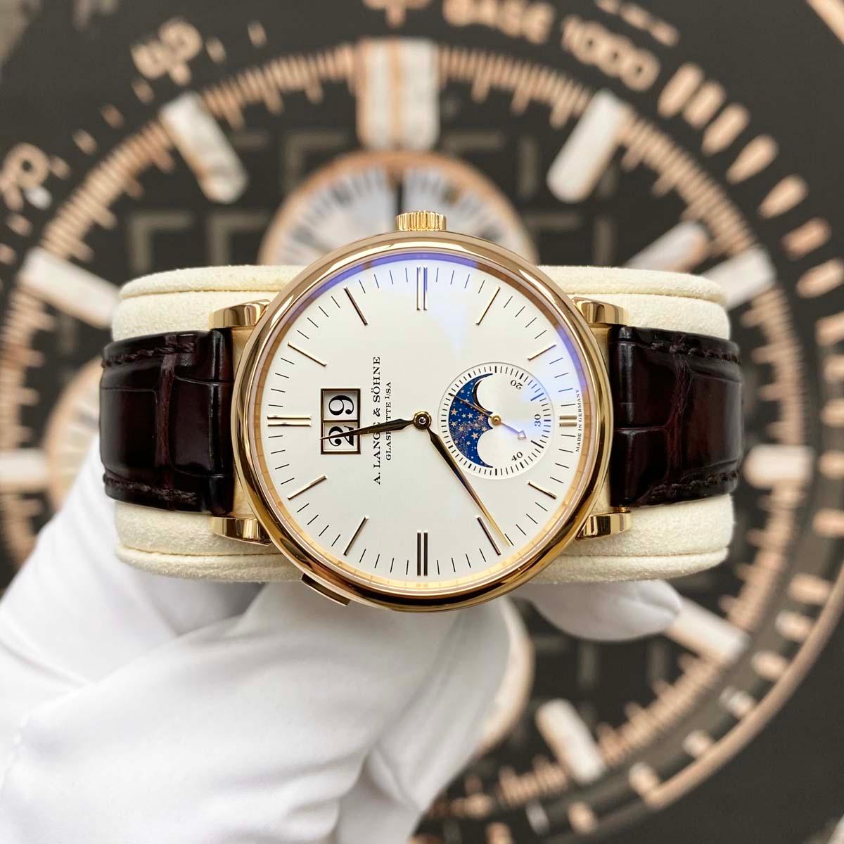 A. Lange & Sohne Saxonia 18kt Rose Gold Moon Phase Automatic 384.031 White Dial - Gotham Trading 