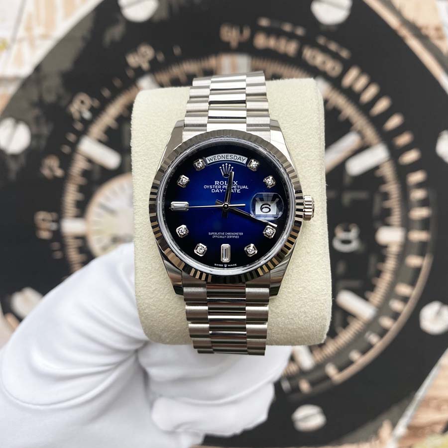 Rolex Day-Date 36 White Gold Blue Ombre Diamond Dial 128239